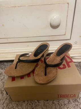 Black Cork Wedge Thong Sandals for Women